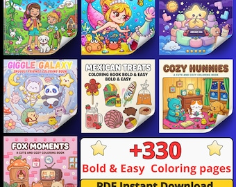 330+ Printable Coloring Pages Bundle | 8 Kawaii Coloring Books PDF | Bold & Easy for Adults Kids Seniors | Instant Download