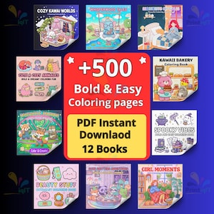 Pode incluir: Uma coleção de 12 livros para colorir com mais de 500 páginas para colorir arrojadas e fáceis. As capas apresentam vários temas, incluindo animais fofos, mundos kawaii e vibrações assustadoras. O texto na imagem diz "PDF Instant Download".