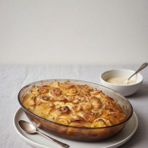 以下が含まれることがあります： 楕円形のガラス製のベーキングディッシュに、黄金色のポテトグラタンが詰められ、白いお皿に銀のスプーンが添えられています。クリーミーなソースが入った小さな白いボウルとスプーンが背景にあります。すぐに食べられる料理です。