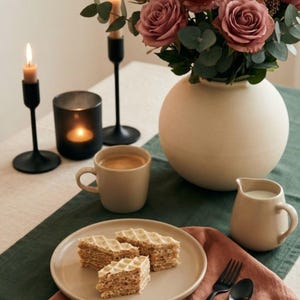 May include: A table setting featuring a beige mug of coffee, a small pitcher of milk, and a plate with three square pastries. A vase of pink roses, lit candles in black holders, and a dark green table runner complete the scene.