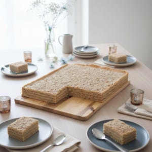 May include: A layered cake with a crumb topping, cut into a large rectangular shape and several individual squares. The cake sits on a wooden cutting board and is surrounded by plates, silverware, and decorative glassware. A vase of flowers is in the background.