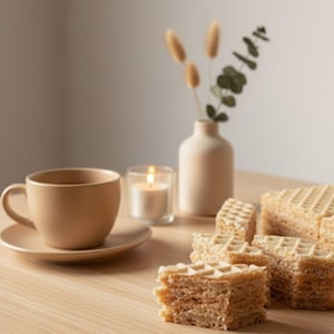 Könnte beinhalten: Eine beige Keramik-Tasse und Untertasse stehen neben einem Stapel quadratischer Waffeln. Eine brennende Kerze in einem Glashalter und eine kleine Vase mit getrockneten Blumen und Grünzeug befinden sich ebenfalls auf der Holzoberfläche.