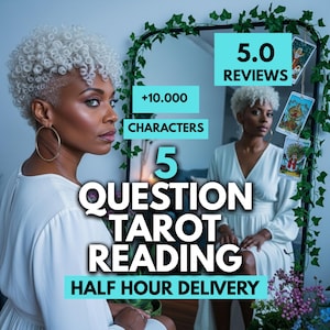 May include: An image featuring a woman with short, curly, silver hair and large gold hoop earrings. Text on the image reads "5 Question Tarot Reading" and "Half Hour Delivery". The background includes a mirror with tarot cards and greenery.
