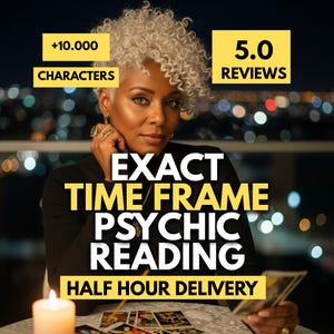 May include: An image promoting psychic readings. The text includes "Exact Time Frame Psychic Reading" and "Half Hour Delivery." The image features a woman with short, curly gray hair, wearing a black top, and holding tarot cards. The background is a blurred cityscape.