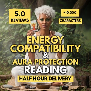 May include: An image promoting an energy compatibility and aura protection reading. The image features a person holding a tarot card, with text overlaying the image that reads "Energy Compatibility & Aura Protection Reading" and "Half Hour Delivery."