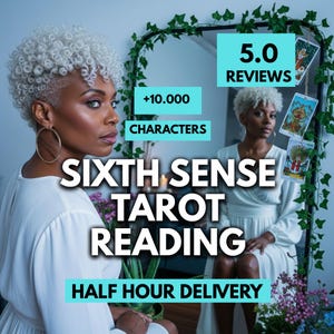 May include: An image promoting a tarot reading service. The text reads "Sixth Sense Tarot Reading" with "Half Hour Delivery" below. The image features a woman with short, curly, gray hair and a white dress. The background includes a mirror with tarot cards.