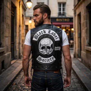 Puede incluir: Chaleco de cuero negro con la inscripción "Black Label Society" y un diseño de calavera. El chaleco tiene laterales con cordones y se lleva sobre una camiseta blanca y vaqueros azules. La imagen está tomada al aire libre.