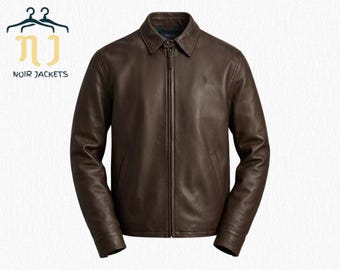 Polo Jacket Mens Brown Genuine Leather Biker Embroidered Bomber Jacket - Cowhide Varsity Coat - Luxury Custom  Fashion Outerwear