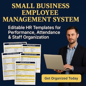 Op de afbeelding: Afbeelding die een personeelsmanagementsysteem voor kleine bedrijven promoot. De tekst luidt "SMALL BUSINESS EMPLOYEE MANAGEMENT SYSTEM" en "Bewerkbare HR-sjablonen voor prestaties, aanwezigheid en personeelsorganisatie". Een persoon houdt een laptop vast. De call to action is "Word vandaag nog georganiseerd".