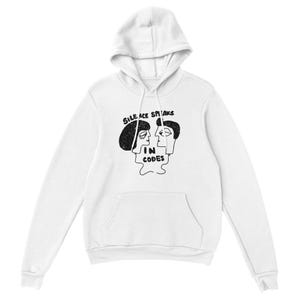 May include: White hooded sweatshirt with a front pocket and drawstring. The graphic on the front features two stylized faces with the text "SILENCE SPEAKS IN CODES" in black.