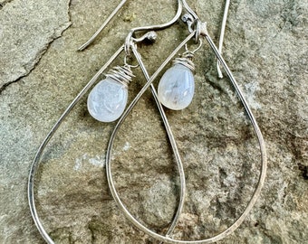 Moonstone and Silver Hammered loops on handmade Sterling Silver Earwires, handmade silver drop earrings,gifts for her, silver earrings