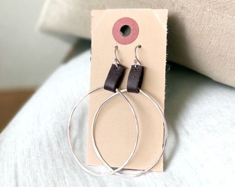 Sterling silver circle earrings handmade of 925 silver, dangle drop boho earrings, unique gift for her Silver and Leather Everyday Earrings