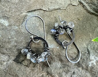 Labradorite wrapped around dainty silver loops on handmade Sterling Silver Earwires, handmade silver and stone earrings,gifts for her