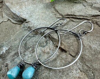 Peruvian Opal and Silver Hammered Hoops on handmade Sterling Silver Earwires, handmade silver drop earrings,gifts for her, one of kind
