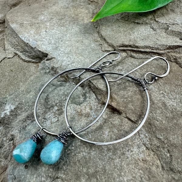 Peruvian Opal and Silver Hammered Hoops on handmade Sterling Silver Earwires, handmade silver drop earrings,gifts for her, one of kind