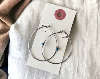 Perfect Silver Hoop Earrings, Sterling Silver Hand Forged Hoops with Turquoise rondelle “Everyday Earring Collection, The Tia”