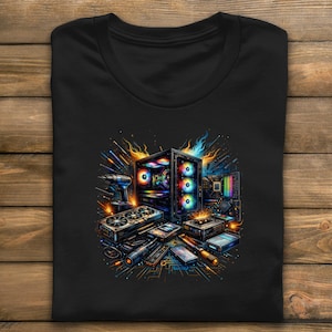以下が含まれることがあります： 黒いTシャツに、デスクトップコンピュータ、グラフィックカード、その他のハードウェアを含む、コンピュータコンポーネントのカラフルなイラストが描かれています。デザインは、ネオンアクセントとテクノロジーテーマを備えた、鮮やかなデジタルアートスタイルです。