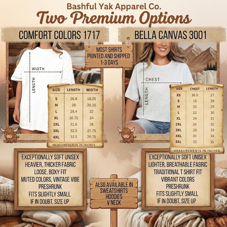 The image is a promotional poster for a clothing brand, showcasing two premium options for t-shirts. The poster provides details about the sizes, colors, and measurements of the shirts, as well as the materials and features available in the sweatshirts.