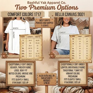 The image is a promotional poster for a clothing brand, showcasing two premium options for t-shirts. The poster provides details about the sizes, colors, and measurements of the shirts, as well as the materials and features available in the sweatshirts.