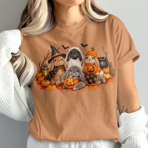 Halloween Bunny Tee, Rabbits in Witch, Ghost and Pumpkin Costumes with Autumn Leaves