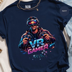 VR Gamer T-Shirt, Virtual Reality Gaming Headset Tee, Cyberpunk Synthwave Apparel, Retro Futuristic Tech Lover Gift for Him