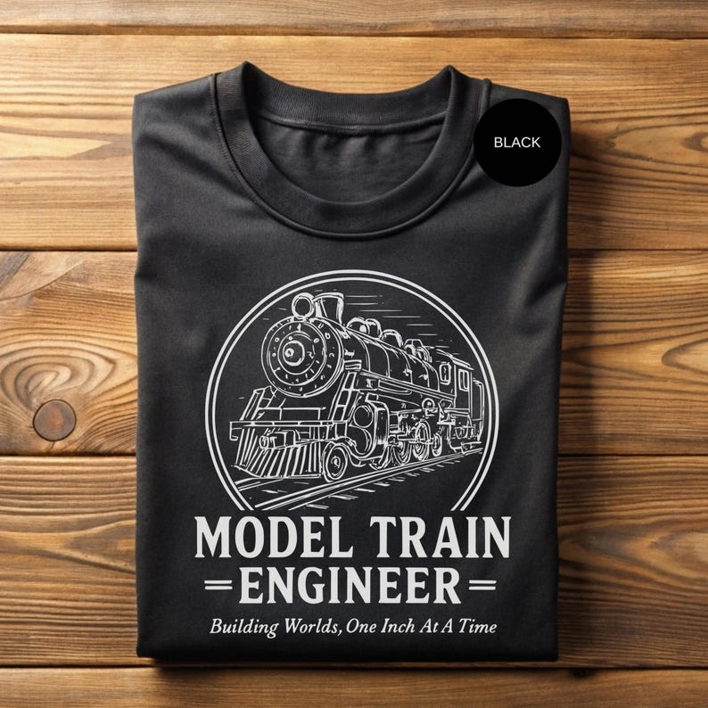 Model Train Shirt Railroad Hobbyist Tee, Steam Engine Graphic, Vintage Locomotive Art (Soft Cotton, Multiple Sizes) Bild 3