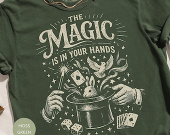 Magician T Shirt Vintage Magic Tee: Rabbit In Hat, Dove Flying, Retro Illusionist Design | Cotton Blend, Unisex Fit, Performing Arts Apparel