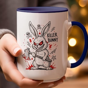 Killer Bunny Mug Funny Rabbit Design, Axe Wielding Cartoon Bunny (Novelty Coffee Cup, Spooky Easter Gift, Dark Humor)