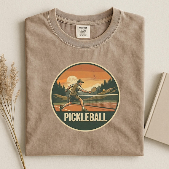 Pickleball T Shirt Retro Style Tee, Sunset Scene, Vintage Player Design (Casual Wear, Sport Lover Apparel, Scenic Backdrop)