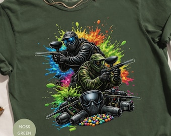 Paintball Player T-Shirt, Vibrant Paint Splatter Design, Action Sport Tee, Paintball Lover Gift, Tactical Gamer Shirt