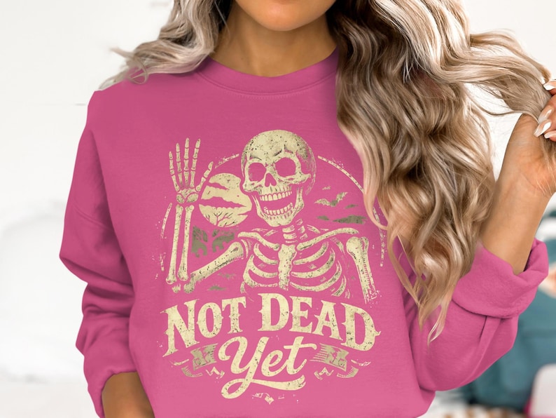 Not Dead Yet Skeleton Design, Funny Halloween Skull Art Print, Spooky Undead Bats Moon Graphic, Sarcastic Humour Gift Idea