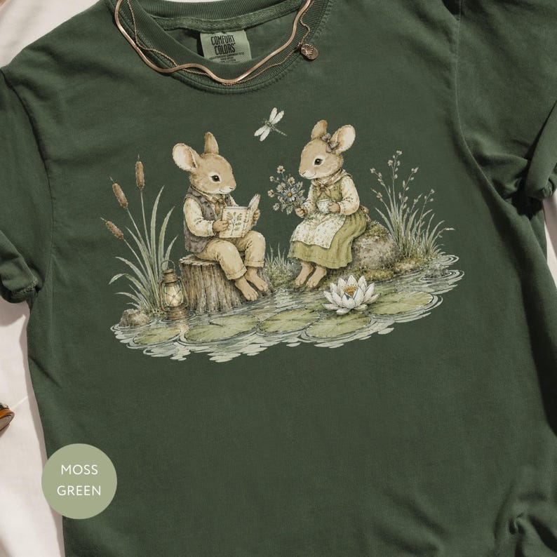 Two mice reading and holding flowers by a pond with lily pads.