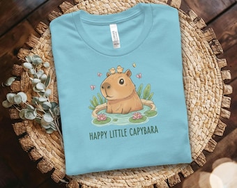 Happy Capybara Shirt, Adorable Rodent with Lotus Flowers and Butterflies