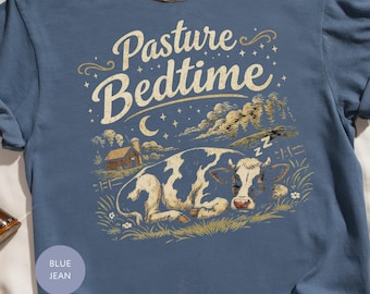 Pasture Bedtime T-Shirt, Sleeping Cow Farm Animal Tee, Rustic Country Life Top, Cute Cow Apparel, Peaceful Moonlight Night Shirt, Farmhouse