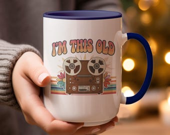 Retro Reel To Reel Mug Nostalgic Music Cup, Playful Old Saying (11oz Ceramic, Colorful Stripes, Dishwasher Safe)
