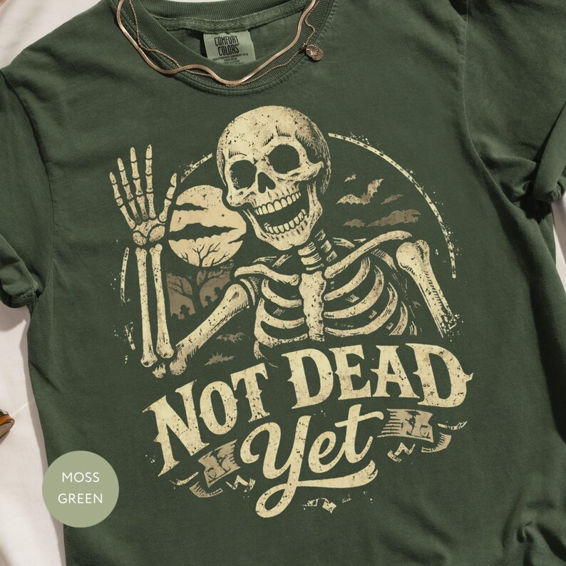 Skeleton Not Dead Yet Design, Spooky Halloween Skull Art, Vintage Grunge Undead Graphic, Funny Bats Graveyard Scene, Digital Download