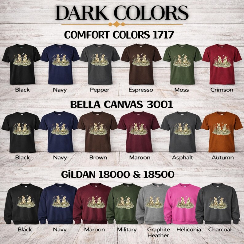 T-shirts and sweatshirts with rabbits illustration available in multiple colors and brands.