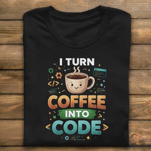 May include: Black t-shirt featuring the slogan "I TURN COFFEE INTO CODE" with a smiling coffee cup graphic. The design incorporates coding symbols and colourful accents, ideal for programmers and coffee enthusiasts.