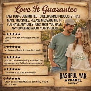 Couple wearing Bashful Yak Apparel; reviews with stars and text.
