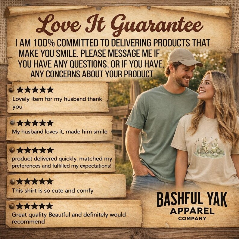 Couple wearing Bashful Yak Apparel; reviews with stars and text.