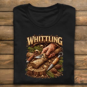 May include: Black t-shirt with a detailed illustration of wood carving. The design includes the word "Whittling", a hand carving wood with a knife, and various carving tools and wood shavings. The design has a vintage style.