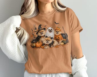 Pomeranian T-Shirt, Halloween Graphic Design with Witch, Ghost, Bat And Pumpkin