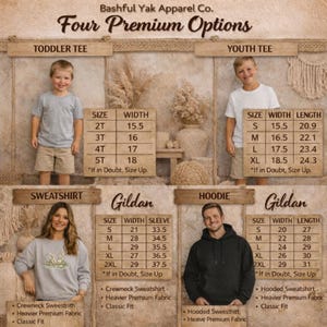 Size charts for toddler tee, youth tee, sweatshirt, and hoodie from Bashful Yak Apparel Co.