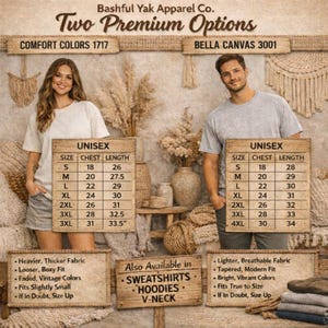 Unisex t-shirt size charts for Comfort Colors 1717 and Bella Canvas 3001.
