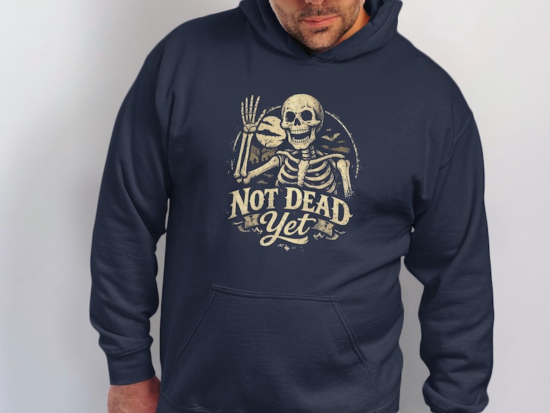 Skeleton Not Dead Yet Shirt, Funny Halloween Design, Waving Skeleton, Spooky Bat Moon Graphic, Vintage Creepy Pun
40