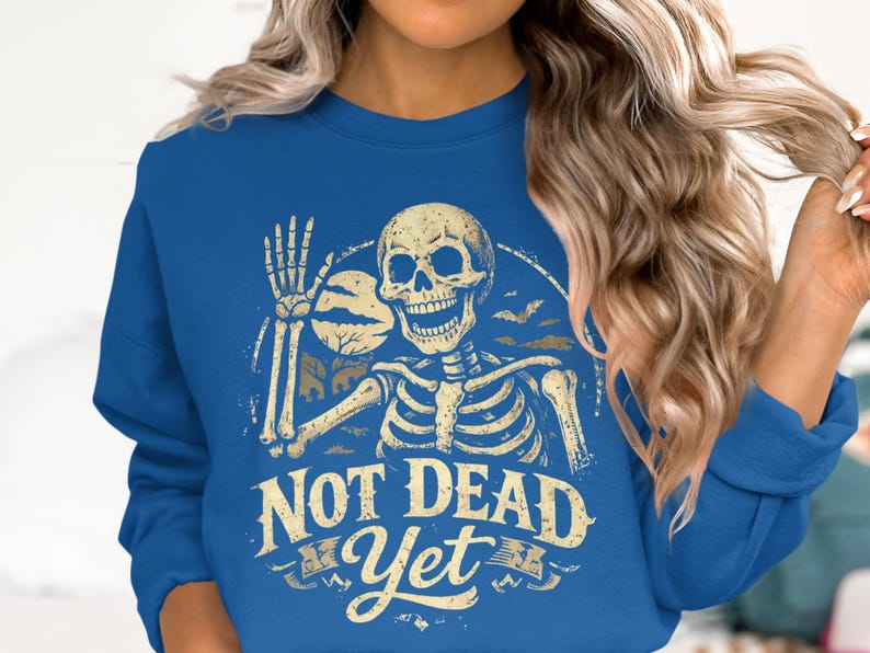Not Dead Yet Skeleton, Funny Halloween Skull, Spooky Waving Bones, Retro Undead Humor, Creepy Cute Bat Moon Design, Alive Spooky Season
Not