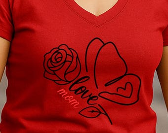 Love Mom T-Shirt, Rose and Butterfly Line Art Tee for Women, Olive Green V-Neck Shirt, Mother’s Day Gift, Cute Mom Graphic Tee