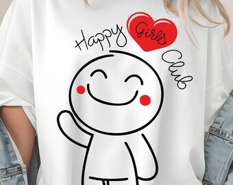 Happy Girls Club Shirt, Cute Smiley Face Graphic Tee, Positive Vibes T-Shirt for Women, Aesthetic Oversized Top, Happy Face Tee