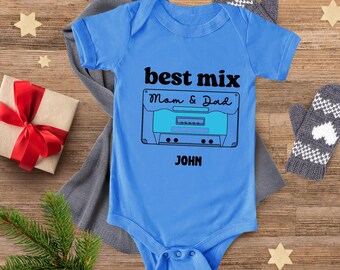 Custom Retro Cassette Bodysuit, Mom and Dad Mix, Personalized Baby Name Outfit