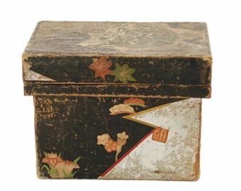 Antique Japanese Taisho Period Papered Wood Foil Lined Tea Box Tea Caddy Art Deco